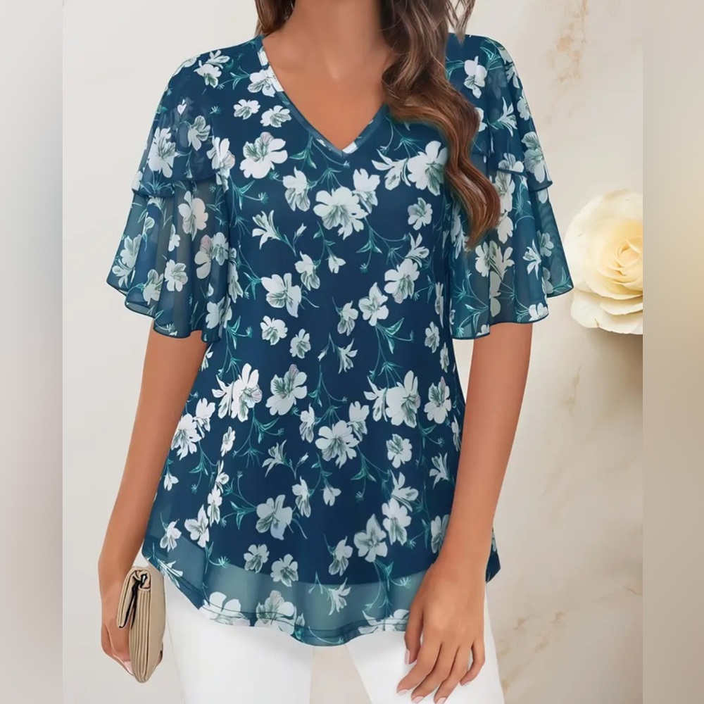 Elegant V-Neck Short Sleeve Blouse For Women- NWT